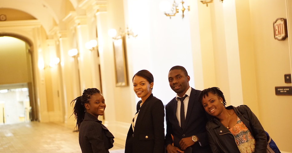 Tene Goodwin (second from left) during a site visit to the California State Capitol in Sacramento with UC Davis Mandela Washington Fellows Shakira Phiri (left), Likando Nabuyanda (second from right), and Victorine Dawonou (right). (Photo courtesy of UC Davis Study Abroad)