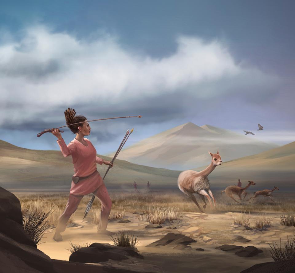 Illustration of female hunter depicting hunters who may have appeared in the Andes 9,000 years ago. (Matthew Verdolivo/UC Davis IET Academic Technology Services)