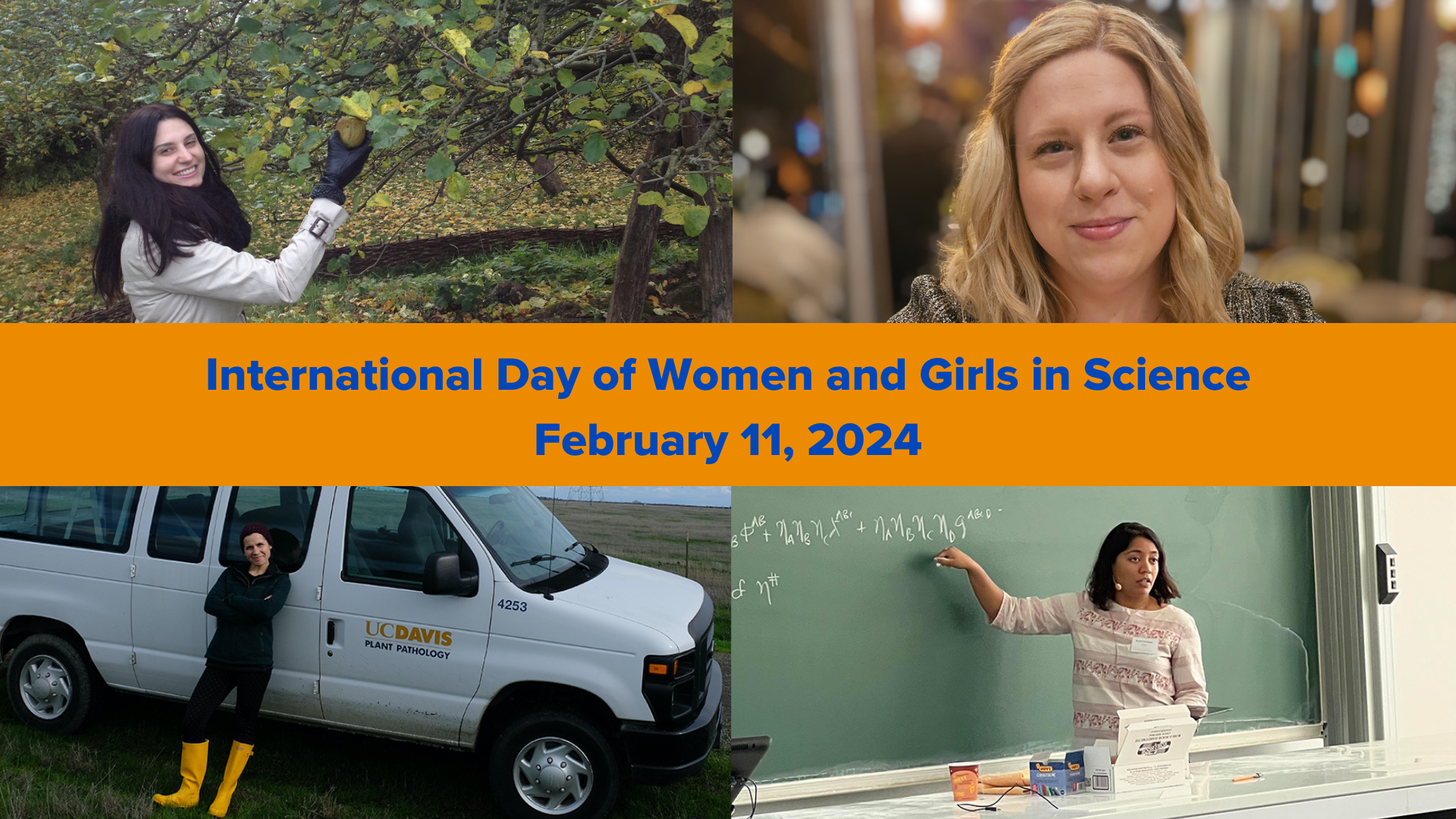 Four photos of Glaucia Helena Carvalo do Prado, Emelie Strandberg, Lucie Juraska and Shruti Paranjabe with a orange banner running through the middle that says in blue "International Day of Women and Girls in Science, February 11, 2024