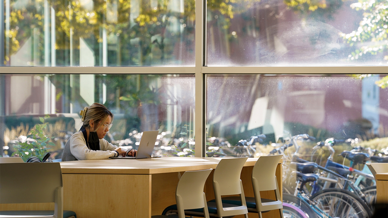 A student sits at a long table in a study space filled with natural light and works on a silver laptop.