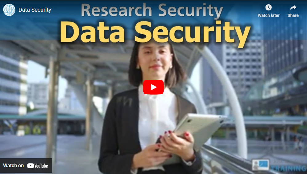 Professionally dressed woman holding a laptop by the text Research Security Data Security