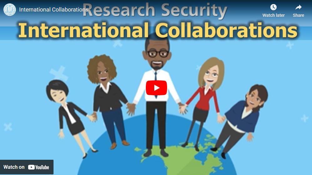 Five professionally dressed people standing on top of a globe with the text Research Security International Collbaorations