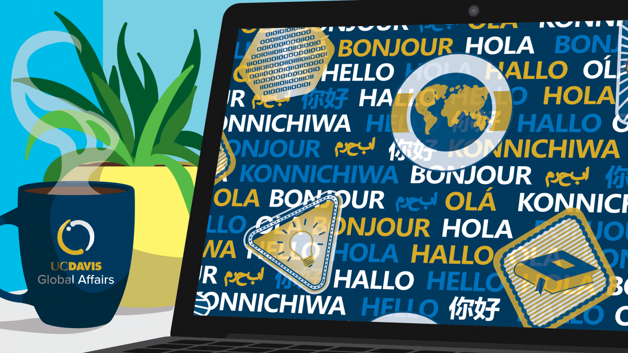 Laptop on desk with languages and world icons
