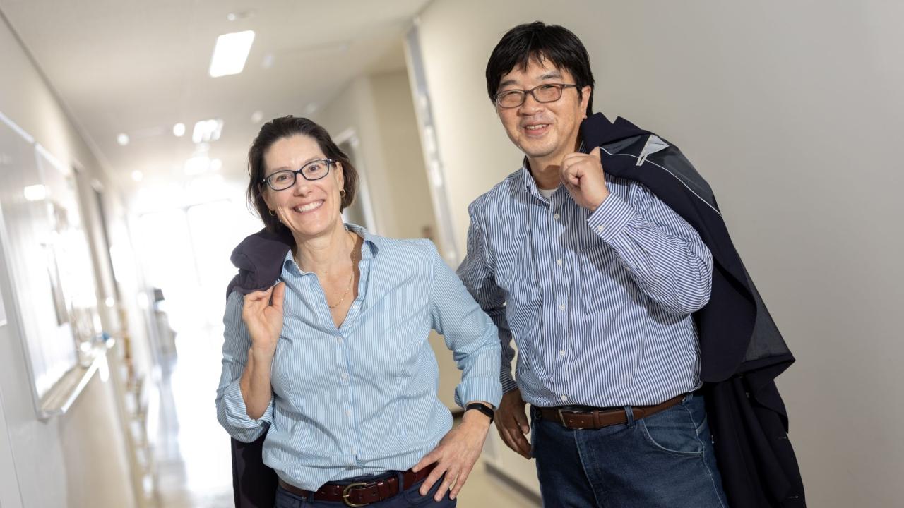 UC Davis Department of Chemical Engineering Chair Tonya Kuhl, left, stands with Osaka University chemical engineering professor Hiroshi Umakoshi.