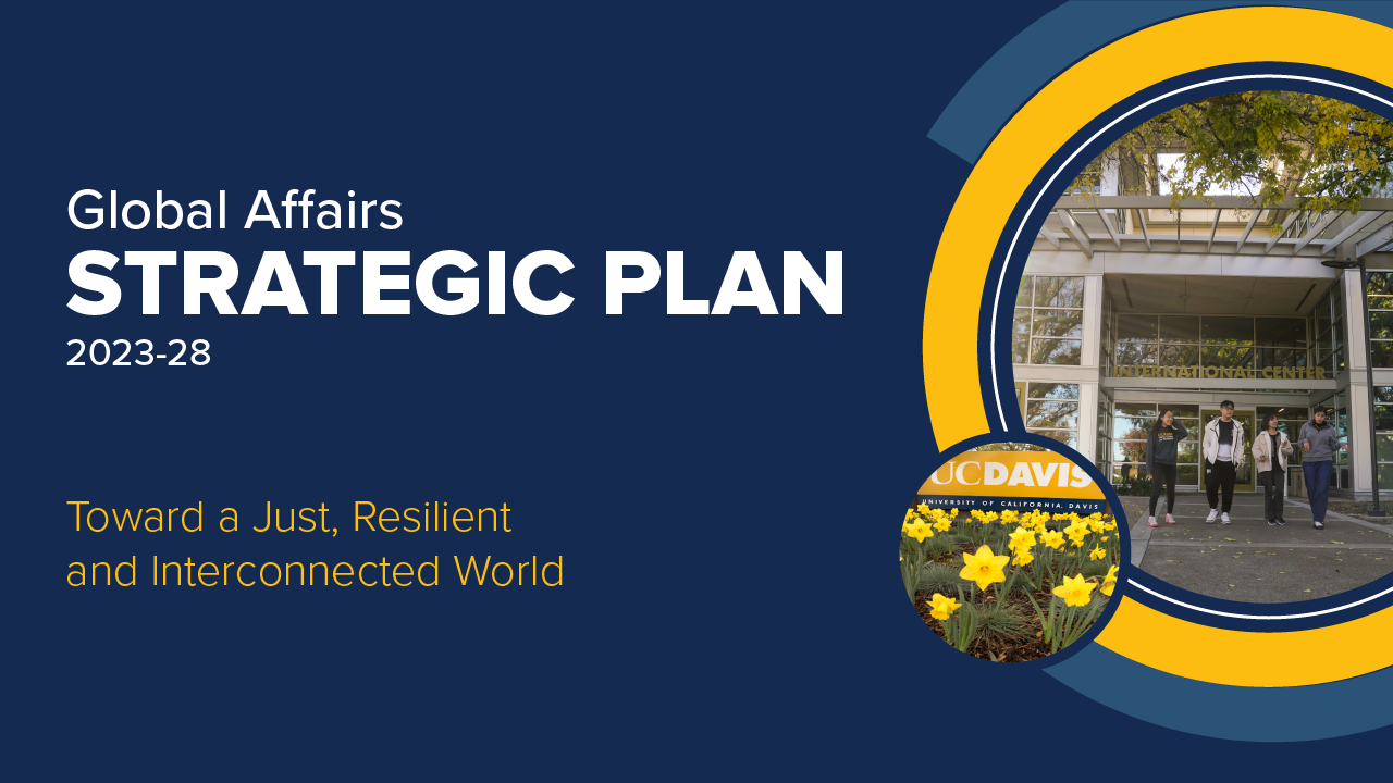 Global Affairs Strategic Plan 2023-28. Toward a Just, Resilient and Interconnected World. Photo of the UC Davis International Center with students in front.