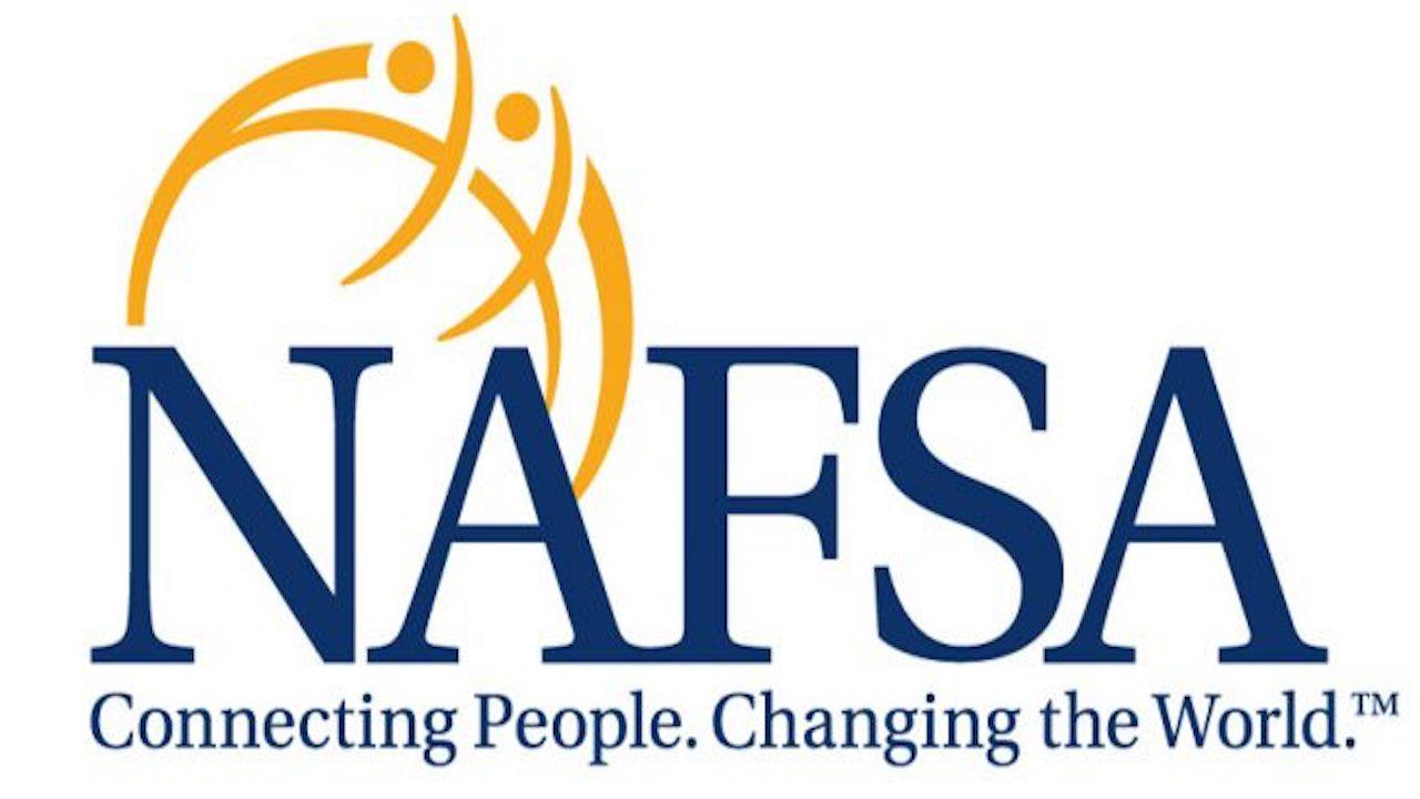 NAFSA logo that has NAFSA spelled out in capital navy blue letters with a golden globe in the back ground with the motto connecting people, changing the world spelled in smaller letters under the big letters