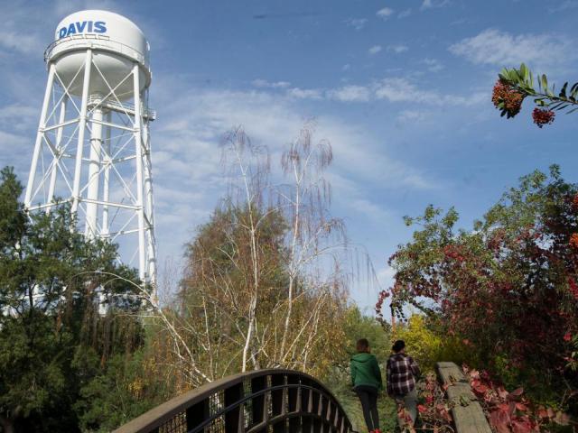 Water tower and bridge on campus