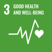 On a bright green background, a line reminiscent of a heartrate monitor with a heart at the end sits below the number 3 and the words "Good Health And Well-Being"