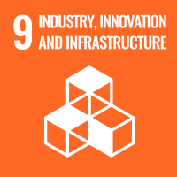 On a bright orange background, cubes are stacked one on top, three on the bottom with two at the base being visible. Above the image is the number 9 and the words "Industry, Innovation and Infrastructure"