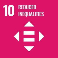 On a magenta background are an equal symbol surrounded with arrowhead symbols pointing out like compass, the number 10, and the words "Reduced Inequalities" 