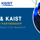 Professor Youngchul Kim and Professor Albert Tonghoon Han pose for a photo preceded by the text "CLTC and KAIST Establish Partnership to Advance Smart City Research."