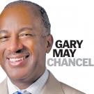 Headshot of Chancellor Gary May with text Gary May Chancell-ing