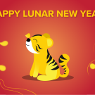 Happy Lunar New Year! A cartoon tiger on a red background with golden flowers