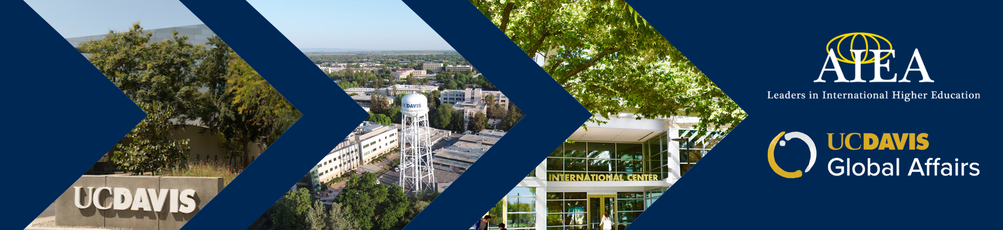Three photos of UC Davis including eggheads, an overview of the water tower and the UC Davis international center, AIEA logo and UC Davis Global Affairs logo
